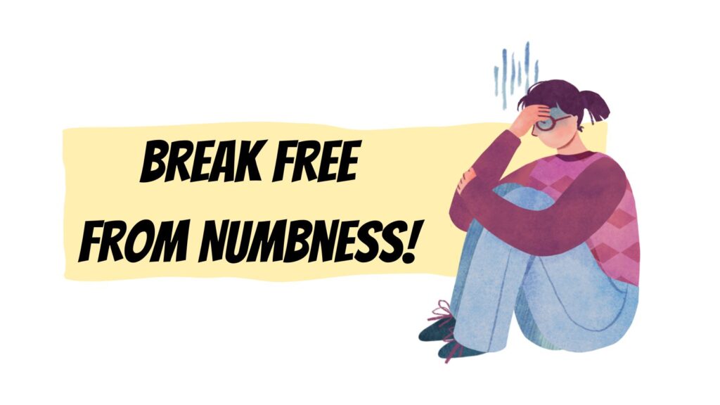 graphic of woman sitting holding her knees and head.